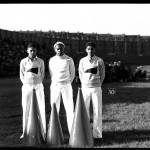 Photograph of H.U. [Howard University] cheerleaders Hallie Taylor, Tommie Andrews, Hobson